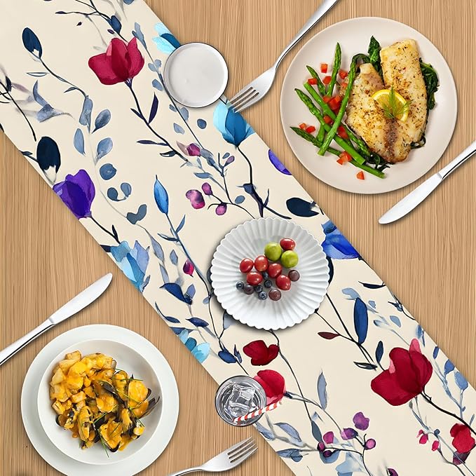 Elegant Watercolor Floral Table Runner – 13x72 Inch Linen-Look Fabric with Red, Blue & Purple Blooms on Beige Background, Perfect for Dining Room, Kitchen & Home Decor