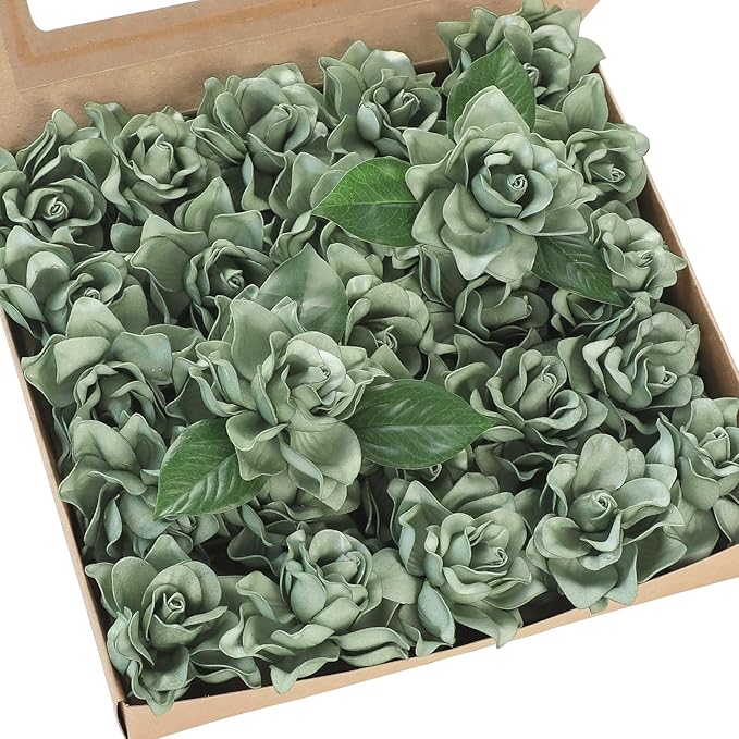 Floroom Artificial Gardenia Flowers 2.7" 25pcs Real Looking Elf Green Foam Fake Flowers with Stems for DIY Wedding Bouquets Bridal Shower Centerpieces Floral Arrangements Party Tables Decorations