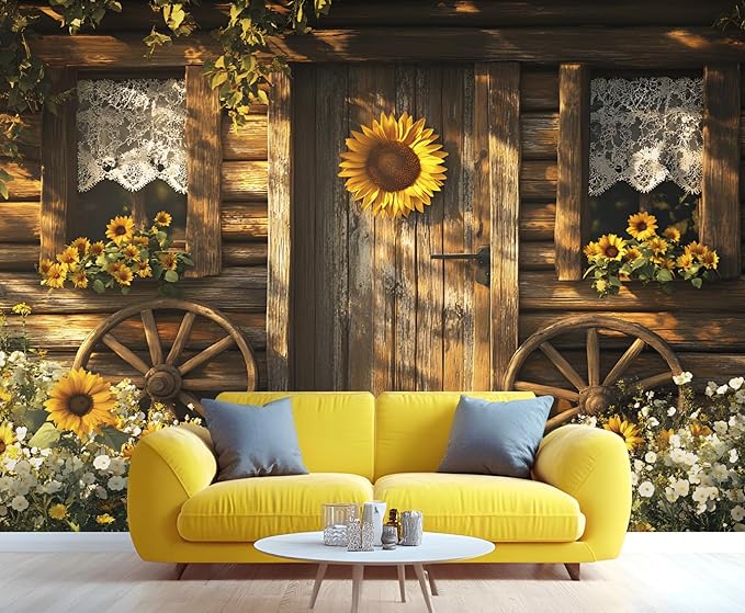 KIREUPA Rustic Cabin Sunflower Wall Mural, Vintage Cottage Door Sunflower 3d Wall Murals, Farmhouse Nature Wallpaper Mural, for Living Room Bedroom Large Wallpaper Indoor Decor 177.16" W x120 H
