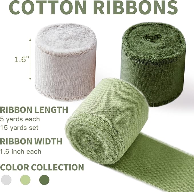 Keypan Green Ribbon 1-1/2 x 15 Yards Handmade Cotton Frayed Fringe Fabric Ribbons for Crafts Flower Bouquets Wedding Baby Shower Home DIY Decor