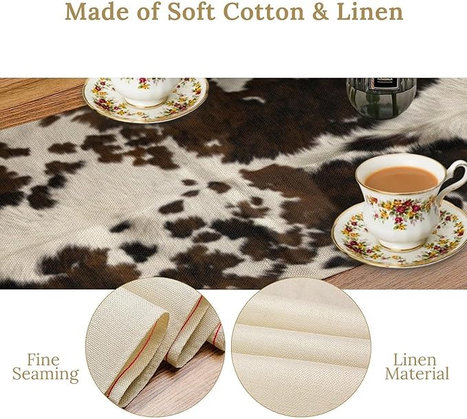 Cow Print Table Runner, Brown Cowhide Print Western Style Table Runner Country Farmhouse Cottage Cow Patten Table Decoration for Home Kitchen Dining, 13x36 Inch