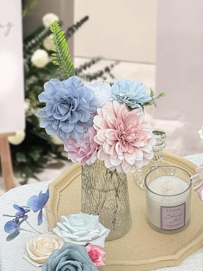 Pink and Blue Flowers Combo Box, Pink Silk Fake Rose Light Blue Flowers for DIY Floral Arrangements Wedding Bouquets Centerpiece Baby Shower Party Decoration (Blue Pink)