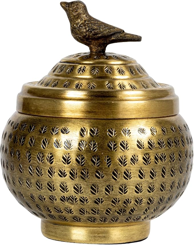 Round Hammered Metal Container with Bird Finial, Brass Finish