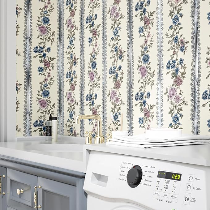 Vintage Floral Wallpaper Peel and Stick Boho Wallpapers 17.5in x32.8ft Blue/Beige Floral Wall Mural Vinyl Removable Self Adhesive Nursery Modern Wallpaper for Bookshelf Cabinets Bathroom Walls