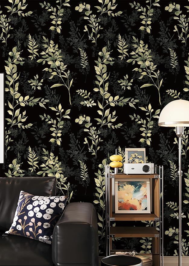 Peel and Stick Wallpaper Boho Leaf Removable Wallpaper Black Textured Renter Friendly for Bathroom Botanical Floral Self Adhesive Contact Paper for Cabinet Countertop 17.5 x 118 in
