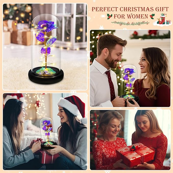 Childom Christmas Rose Gifts for Women,Birthday Gifts for Women Mom Christmas,Flowers for Delivery Prime,Purple Light Up Rose in A Glass Dome,Anniversary Rose Gift for Her Grandma Valentines Day