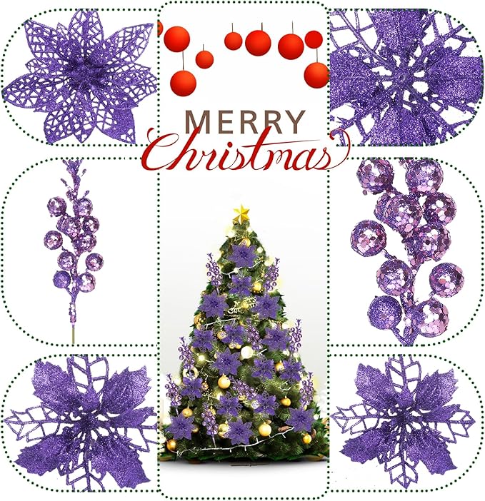 22Pcs Christmas Poinsettia Artificial Flowers and Glitter Berries Stems Kit, 16Pcs Glitter Christmas Tree Flowers Ornaments and 6 Pack Christmas Tree Picks for Wedding Xmas Holiday Decorations(Purple)