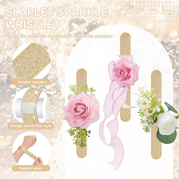6 Pieces Slaplet Wrist Corsage Bracelets Wristlet Band Floral Corsage Slaplets Wedding Bracelets DIY Wrist Accessories for Bridesmaid Bridal Shower Party Prom