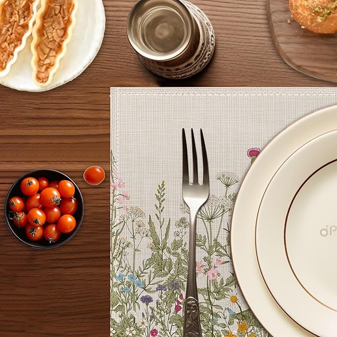 Summer Flower Placemats Set of 6,Washable Heat Resistant 12×18 Inch Linen Table Mats Fall Meadow Herbs Place Mats for Party Outdoor Dining Décor