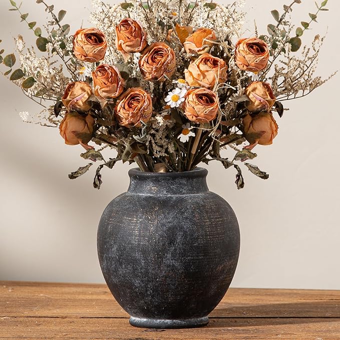 Ceramic Rustic Vase, 6 Inch Small Flower Farmhouse Vase Decorative Vase Short Pottery Vases for Home Decor Table Living Room Entryway Mantel Bookshelf Bedroom Bathroom Kitchen - Black