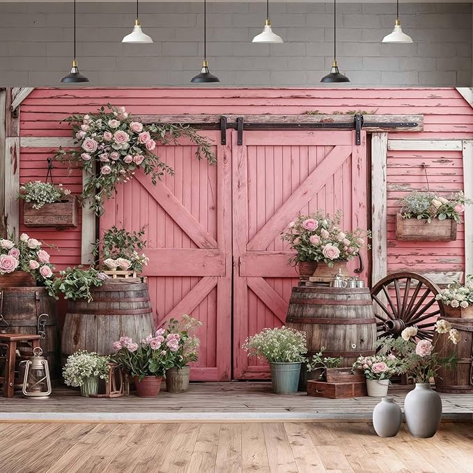 7x5ft Country Wedding Pink Photography Backdrop Rustic Wooden Barn Door Photography Backdrop Farmhouse Flower Western Girl Birthday Baby Shower Wedding Bridal Party Banner Photo Booth Props Background