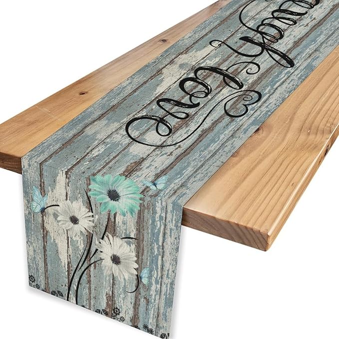 Daisy Floral Table Runner, Rustic Seasonal Spring Wild Flower Rustic Blue Wood Farmhouse Table Center Decor for Family Kitchen Farmhouse Holiday Party Table Decorations Indoor Outdoor 13x36 inch