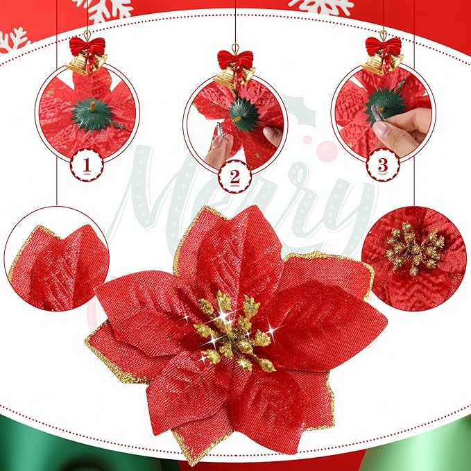 WILLBOND 24 Pcs 3 Size Poinsettia Flower Artificial Christmas Decor Glitter Poinsettia Christmas Ornaments Faux Flowers for Xmas Tree Outdoor(4/6/7.9 Inches,Red)