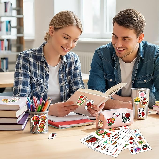 115 PCS Rose and Tulip Stickers Pack, Floral Watercolor Vinyl Waterproof Decals with Roses Tulips Hummingbirds Butterflies, Gift for Teens Adults Laptop Water Bottle Scrapbook
