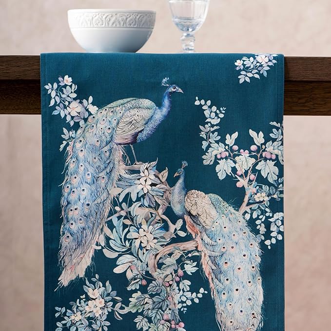 Maison d' Hermine Tablerunners 100% Combed Cotton Premium Table Runner Decorative Table Cover, Home, Kitchen & Camping, Peacock Utopia - Deep Sea, Double Layer - (14.5"x108")
