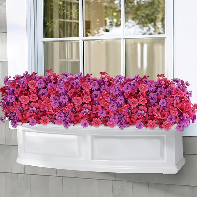 24 Bundles Artificial Flowers for Outdoors, Realistic Fake Silk Flowers for Outside Decoration, No Fade Faux Plants Outdoor Planter Window Box Porch Patio Decor(Purple+Rosy red)