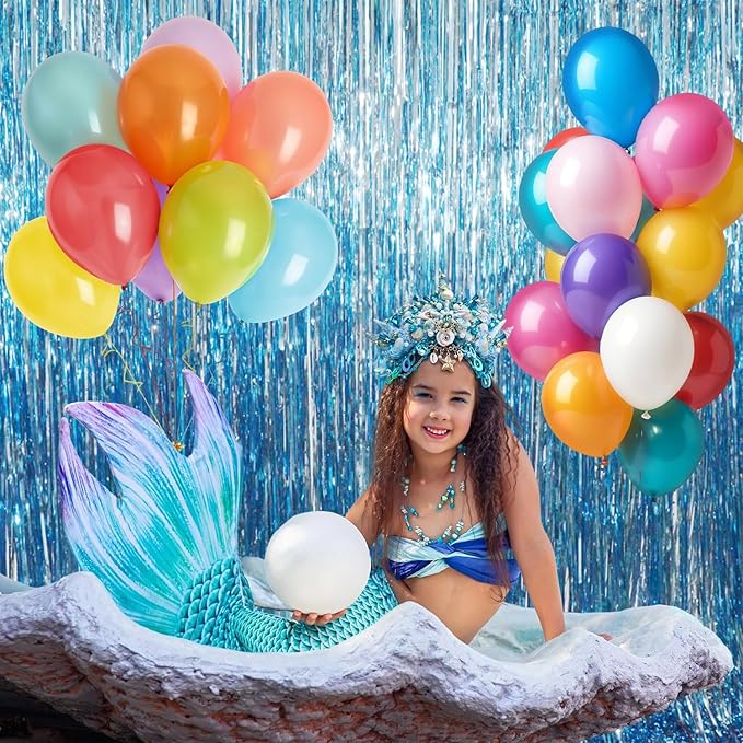 GOER 3.2 ft x 8.2 ft Metallic Tinsel Foil Fringe Curtains Party Photo Backdrop Party Streamers for Birthday,Graduation,New Year Eve Decorations Wedding Decor (4 Packs,Blue)