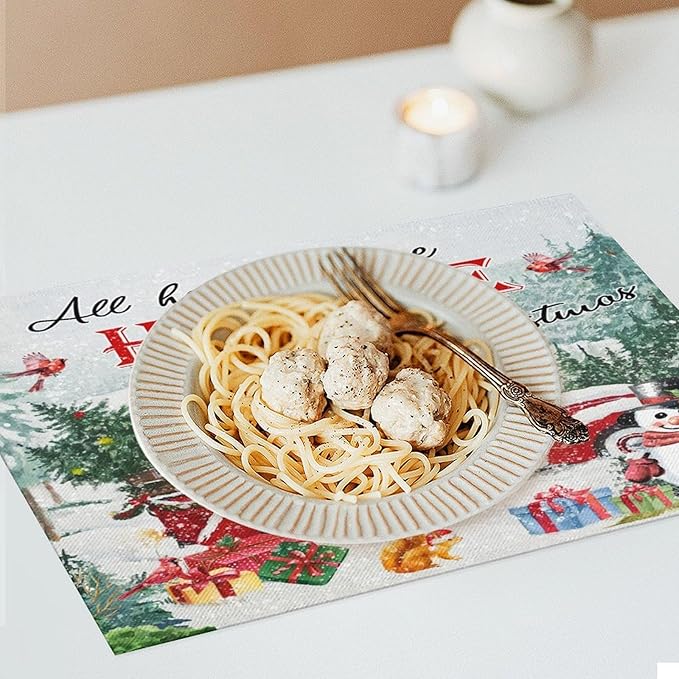 Merry Christmas Placemats Buffalo Plaid Red Truck with Christmas Tree, Winter Snowy Snowflake Snowman Placemats Table Kitchen Dining Party 12x18 Inch Set of 4