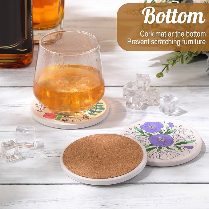 10 Pcs Ceramic Coasters for Drinks Color Your Own Coaster Set DIY Absorbent Cup Mat with 12 Markers and Cork Base Gift Arts and Crafts for Coffee Table Apartment Bar Home Decoration(Flower)