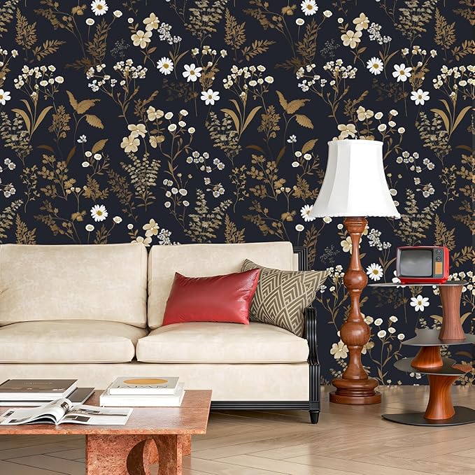 Dark Floral Wallpaper Peel and Stick 17.5in x 393in Navy Gold Leaf Wallpaper Vinyl Waterproof Self-Adhesive Boho Botanical Wall Paper Black Decor for Bathroom Bookcase Bedroom Cabinet