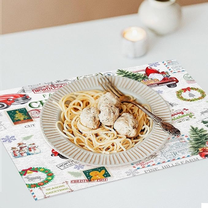Christmas Placemats Simple Rustic Christmas Tree Red Gnome Truck Christmas Bells Gifts Wreath Snowman Greeting Card Placemats Table Kitchen Dining Party 12x18 Inch Set of 6