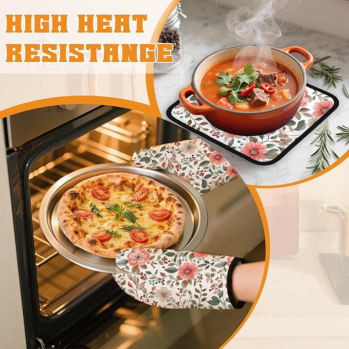 Pink Poppy Floral Oven Mitts and Pot Holders Set,Berry Kitchen Decor Heat Resistant Non Slip Hot Pads and Oven Mitt for Chef Cooking Baking BBQ Mom Girl Gifts(4 Piece Set)