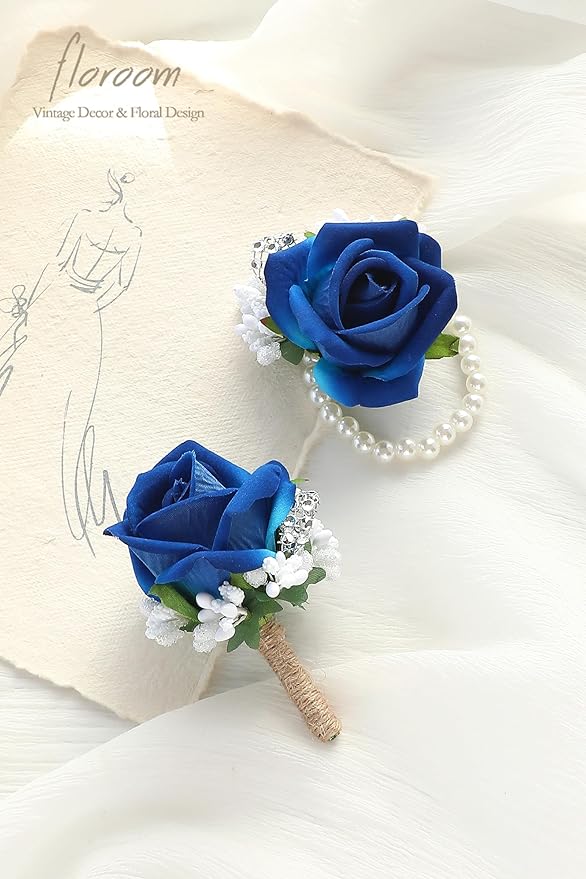 Floroom Royal Blue Rose Wrist Corsage Wristlet Band Bracelet and Men Boutonniere Set for Wedding Flower Accessories Prom Suit Decorations