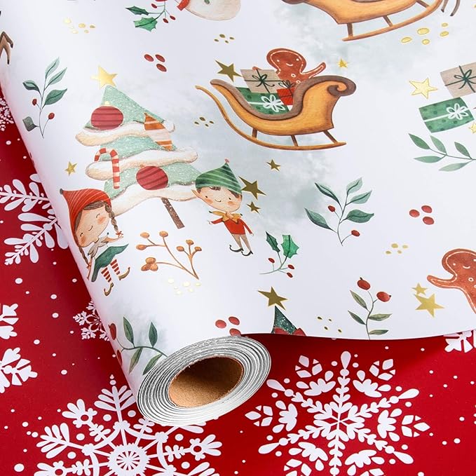 MAYPLUSS Christmas Wrapping Paper Roll - 17IN X 33FT - Santa Claus Gift Wrapping Paper Featuring Sleigh Christmas Tree Gnome Reindeer Holly Gingerbread Reversible Snowflake for Kids, Holiday, New Year