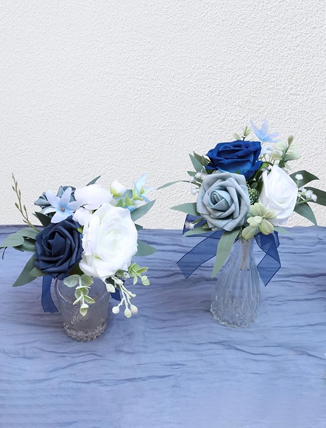 Marriwise Set of 6 Navy Blue Assorted Wedding Flower Centerpieces Pre-Made Mini Bridesmaid Bouquets Artificial Floral Rose Table Decor for Outdoor Beach Wedding Decorations Shower Home Decor