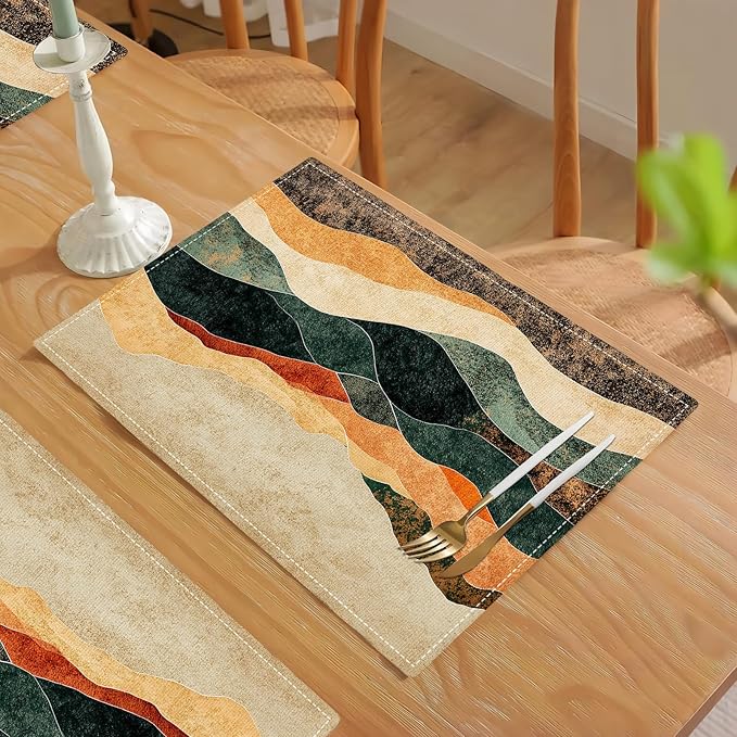 Southwestern Placemats Set of 6, Colorful Art Place Mats, Rustic Mountain Painting Dining Table Mats, Washable Abstract Modern Placemats for Kitchen Dining Room 18L'' × 12W''