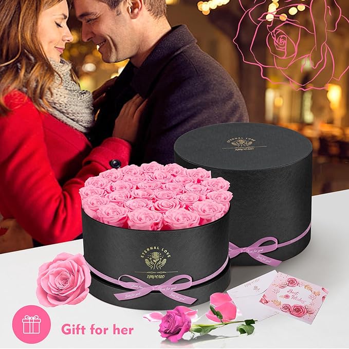 Forever Flowers, 27 Roses in A Box, Real Preserved Roses, Birthday Gift for Women, Anniversary, Mother's Day - Pink Rose