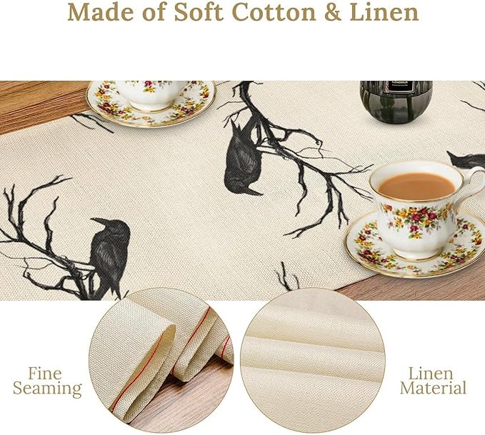 Gothic Table Runner, Black Cat Day of Death Crow Skull Halloween Witchy Retro Coffee Table Center Decor for Home Kitchen Dining Patio Holiday Party Table Decorations 13x108 inches