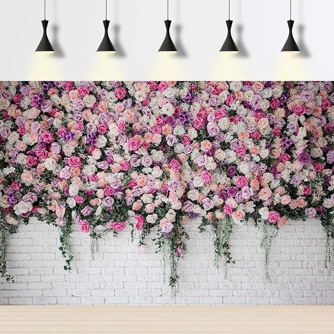 Rose Flowers Backdrop Beautiful Decorative Colorful Roses and Peonies on Brick White Wall Photography Background Interior Wedding Party Decorations Summer Flowers on Wall Building Props 15x8ft