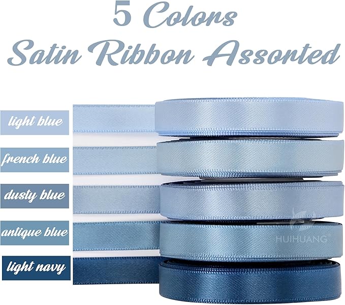 HUIHUANG Dusty Blue Ribbon 3/8 inch Satin Ribbon Assorted Dusty Blue Wedding Ribbons for Flower Bouquets Wedding Bridal Shower Decor Gift Wrapping DIY Crafts Hair Decor- 10 Yards x 5 Color