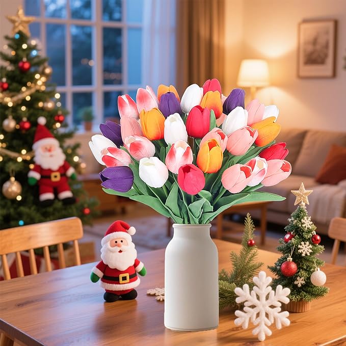 5 Color 20pcs Tulips Artificial Flowers for Real Touch Fake Tulips Slik Faux Flowers for Summer Wedding Bouquet Easter Mother's Day Home Decor (14 Inch)