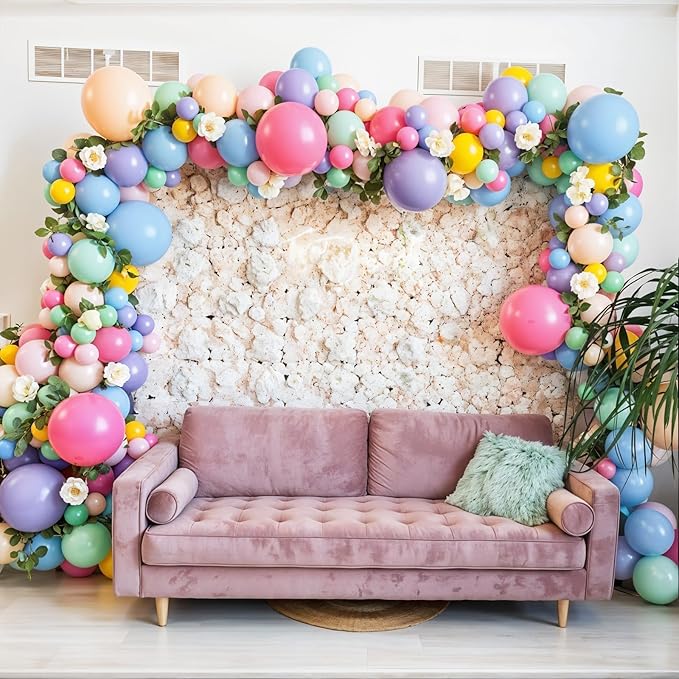 Flower Balloon Arch Kit, 122Pcs Hot Pink Pastel Blue Dusty Green Macaron Orange Lavender Purple Yellow Matte Balloons for Girls Floral-themed Party Boho Baby Shower Wedding Birthday Decorations