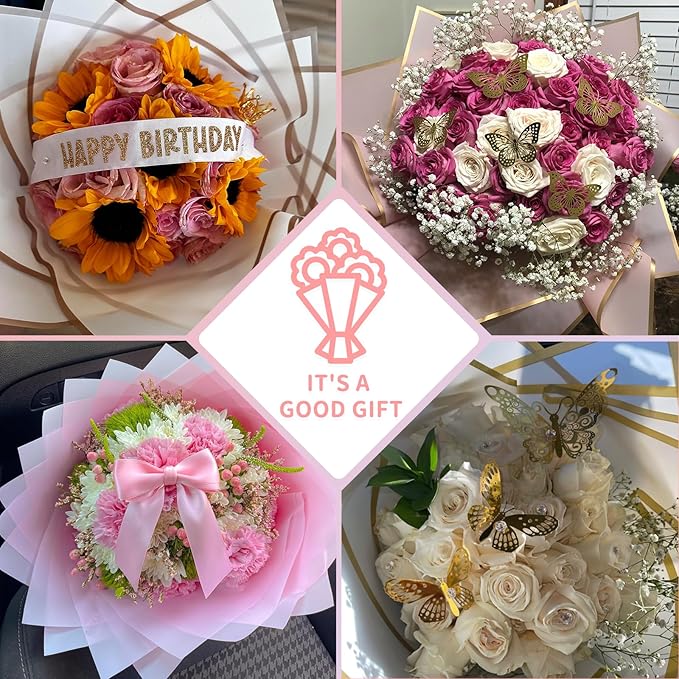 BESUPERT 52Pcs Flower Bouquet Wrapping Paper Kit, 20 Sheets White Waterproof Floral Wrapping Paper, 1 Letter 1 Rhinestone Sticker, 12 Gold 12 Pink Butterflies, 5 Cards, 1 White Ribbon (Gold Edge)
