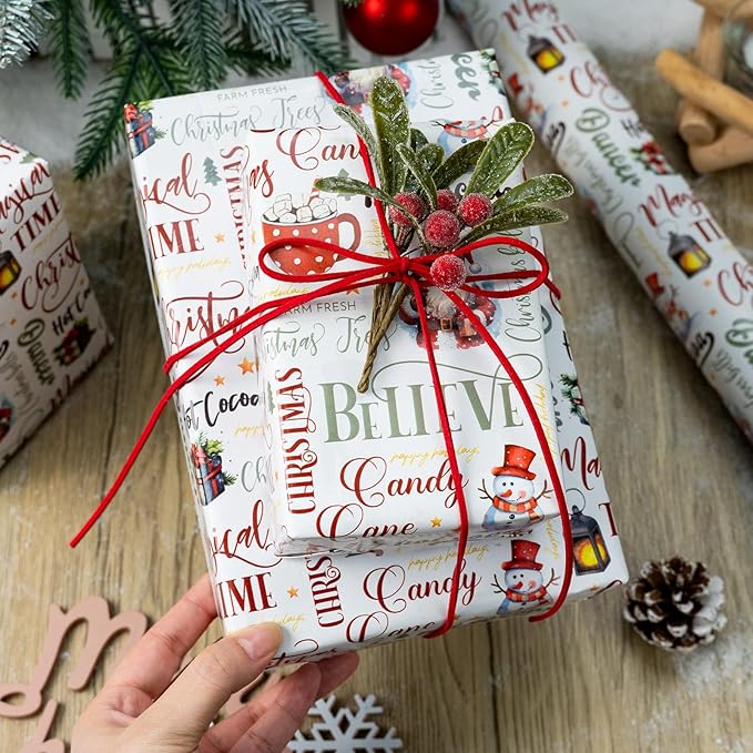 MAYPLUSS Christmas Wrapping Paper Roll - 17 In x 33 Feet - Cute Watercolor Santa Claus Snowman Christmas Gift Wrap Paper for New Year, Holiday, Kids