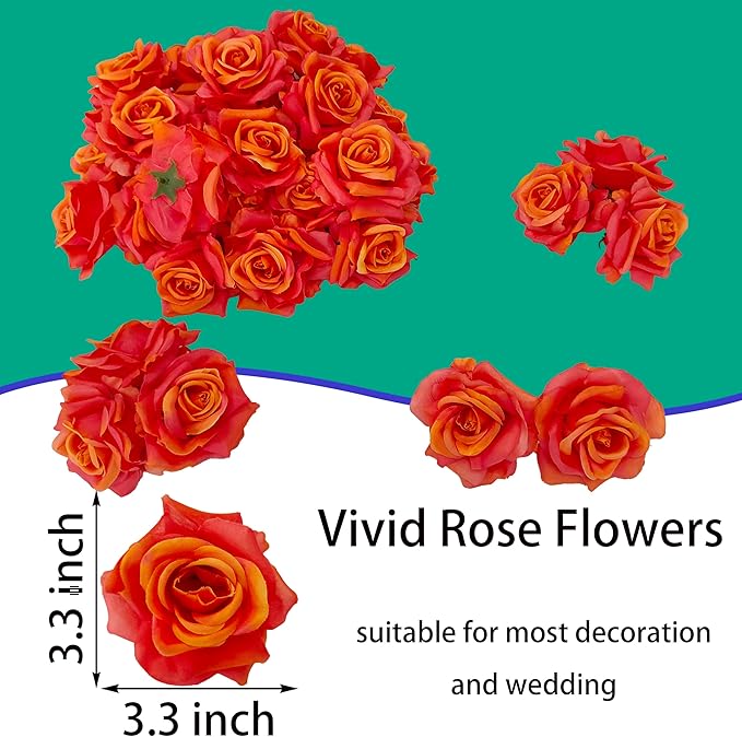 Artificial Satin Rose Flower Heads,48 Pcs Silk Rose Heads with Stems,3.3'' Rose Artificial Flowers Bulk,Artificial Rose Flower Heads for DIY Crafts Bouquet (48, Sunset)