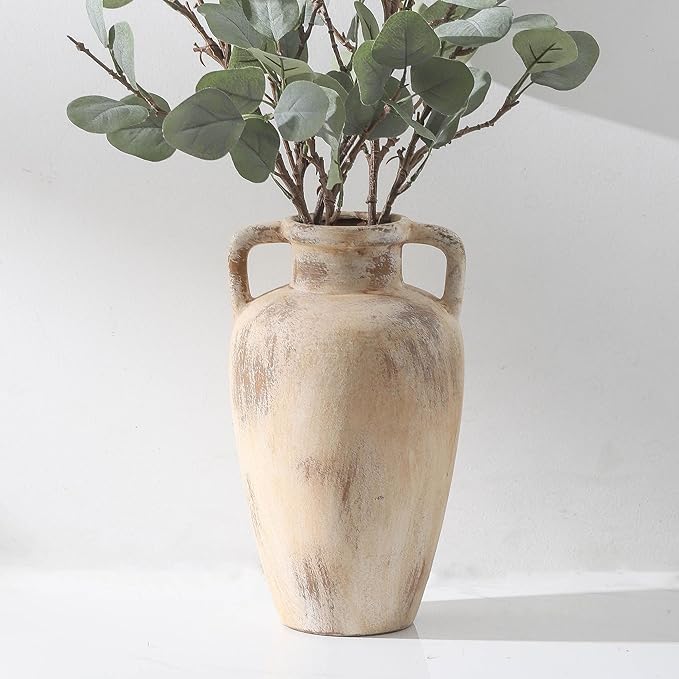 Large Ceramic Flower Vase,11.41 inch Tall Terracotta Farmhouse Rustic Vase with 2 Handles for Home Decor, Living Room Shelf Decor, Enterway, Wedding, Table Decoration
