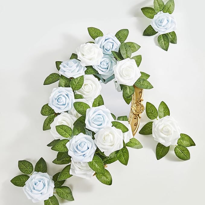Artificial Flowers, 50pcs Baby Blue Artificial Rose for DIY Wedding Bouquets Centerpieces Arrangements, Fake Flower with Stems for Party Home Decorations
