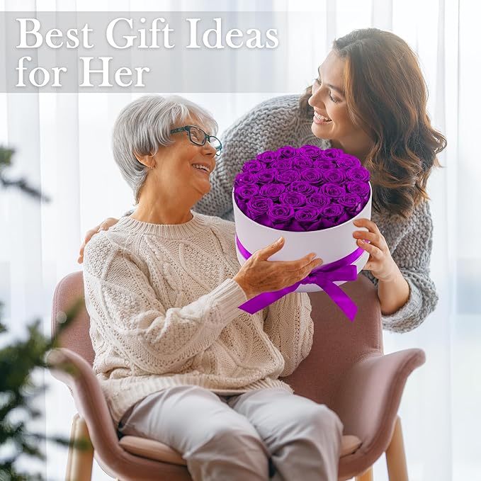 27 Forever Roses in Luxury White Box, Eternal Real Roses Gift for Women, Preserved Flowers for Delivery Prime, Anniversary, Valentine's Day, Birthday for Her (Purple)