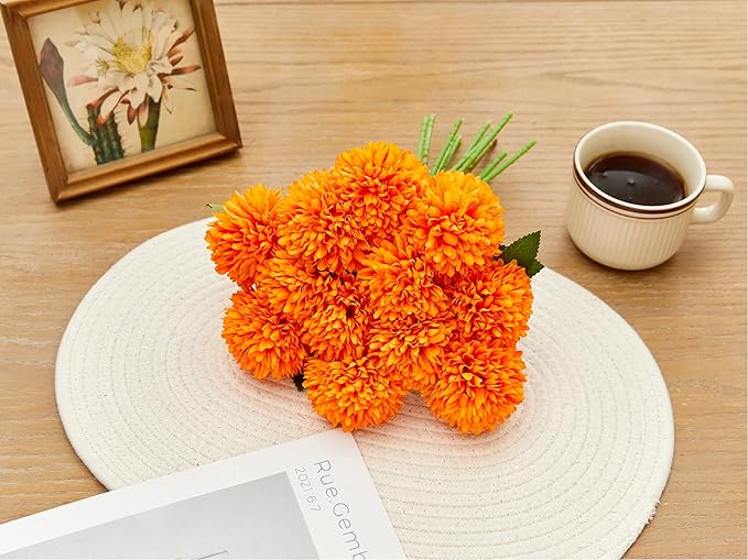 SITUMEIZI 12 Pcs Orange Artificial Chrysanthemums Flowers Ball Flower Fake Mums Silk for Fall Decor Halloween Thanksgiving Day Wedding Home Kitchen Decoration Floral Arrangement