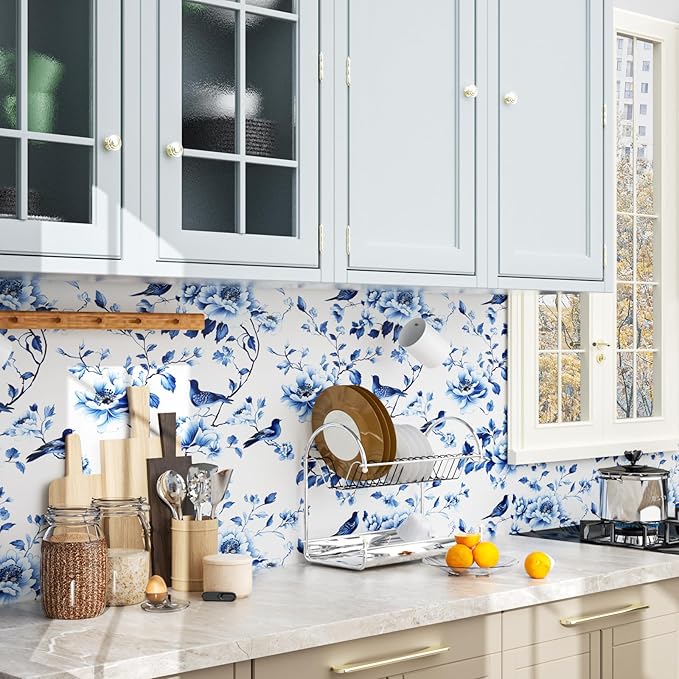 Blue Bird Wallpaper Peel and Stick, Vintage Floral Contact Paper 17.5in x32.8ft Modern Wall Mural Boho Wall Paper Self Adhesive Removable Waterproof for Bathroom Bedroom Cabinet Drawer Kitchen Decor