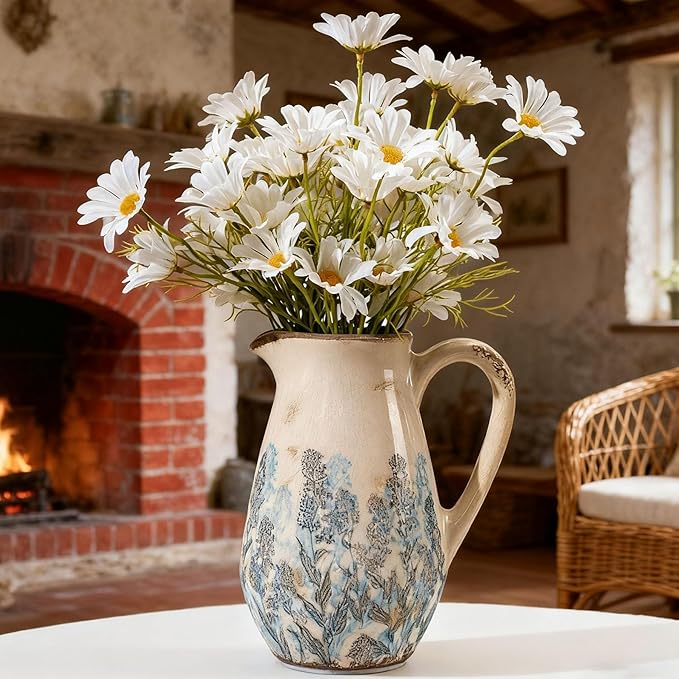 Vintage Blue and Beige Floral Ceramic Vase with Handle, Retro Ice Glazed Crack Farmhouse Pitcher Vase for Home Decor, Living Room, Shelf, Office, French Country Decorative Flower Vase 8.7 Inch