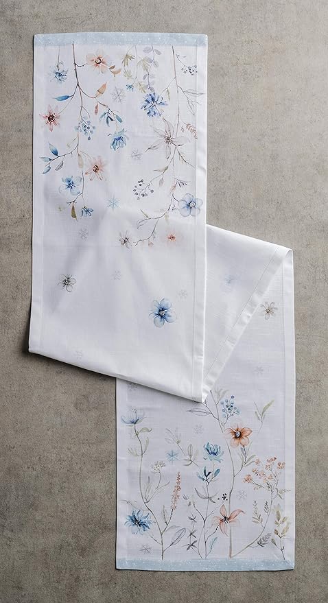 Maison d' Hermine Table Runner 100% Cotton Single Layer Table Runners 60 inches Long for Thanksgiving Christmas Decorations Home Kitchen Dining Party Wedding (Ice Florals, 14.5" x 60")