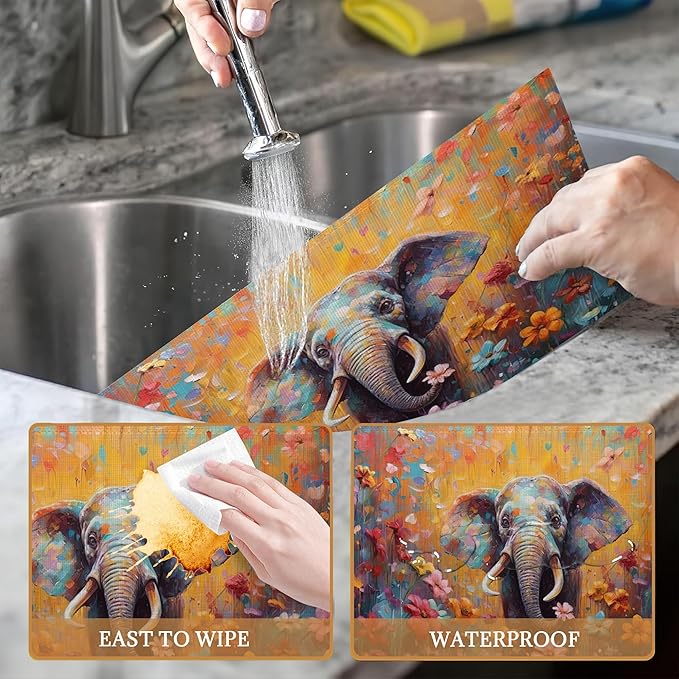 Elephant with Flowers Watercolor Placemats Set of 6 Washable Table Mats for Kitchen Dining Table,Heat-Resistant Place Mats for Indoor Outdoor Party Holiday Decoration
