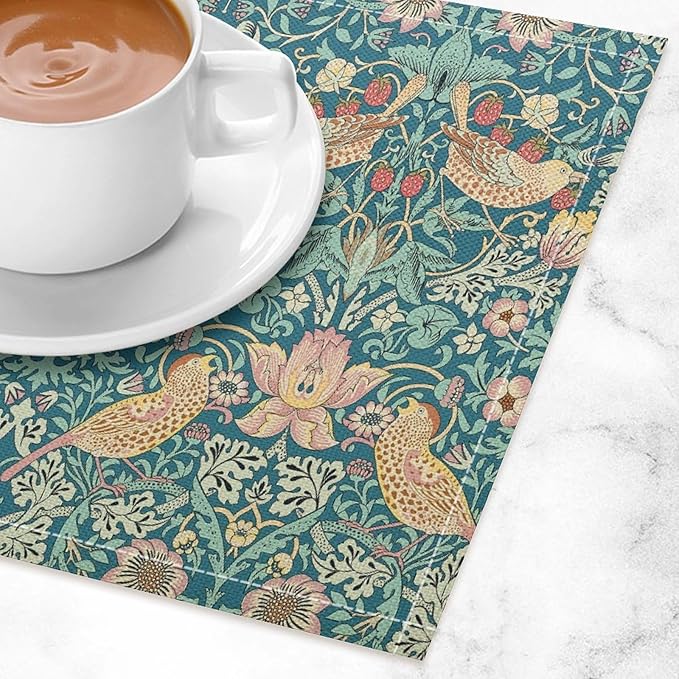 William Morris Floral Placemats Strawberry Thief Blue Art Printed Dining Table Mats Set of 4 for Home Kitchen Holiday Picnic Party Decoration 12x18in