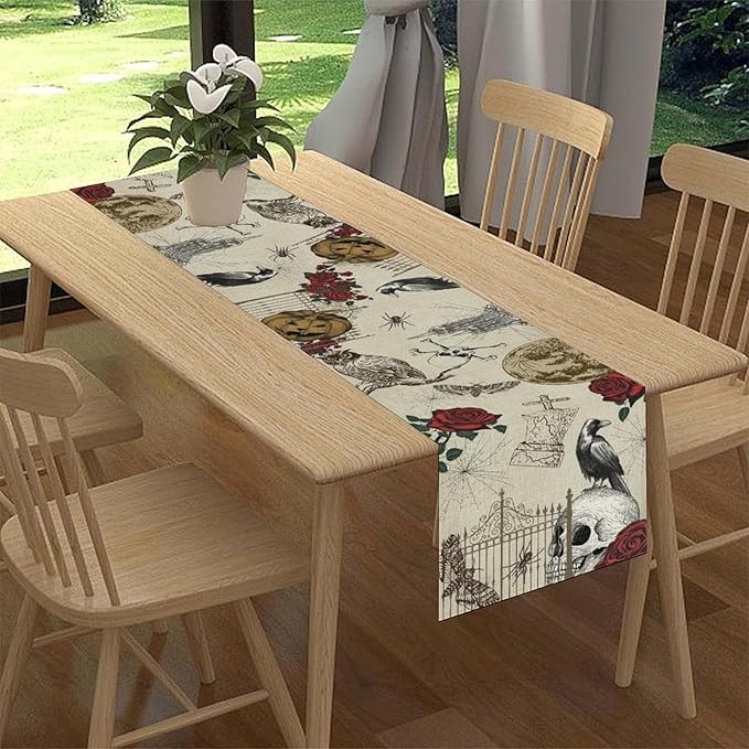 Gothic Floral Table Runner, Retro Dark Skull Crow Vintage Flower Halloween Pumpkin Witchy Coffee Table Center Decor for Home Kitchen Dining Patio Holiday Party Table Decorations 13x72 inches