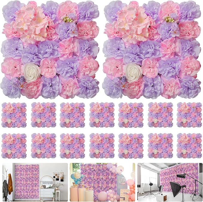 Artificial Flower Wall Backdrop 16pcs 16.5x16.5 Inch 3D Silk Rose Floral Wall Panel Ideal for Wedding Celebrations, Festive Party Birthday Backdrops and Elegant Home Decor-Pink and Purple